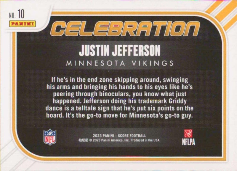 SCORE 2023 Celebration #10 Justin Jefferson Minnesota Vikings NFL Football Trading Card - Image 2